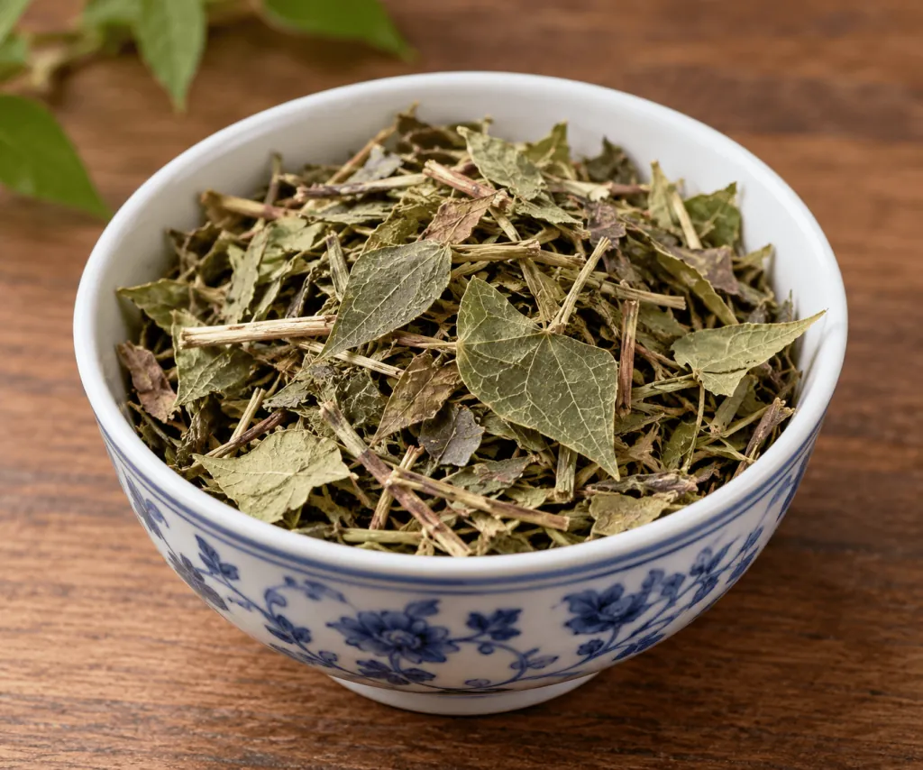 Daun Epimedium kering dalam mangkuk porselin