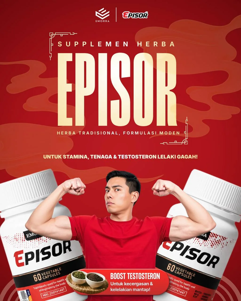 Supplemen herba Episor: herba tradisional, formulasi moden. Lelaki berbaju merah di antara dua botol Episor.