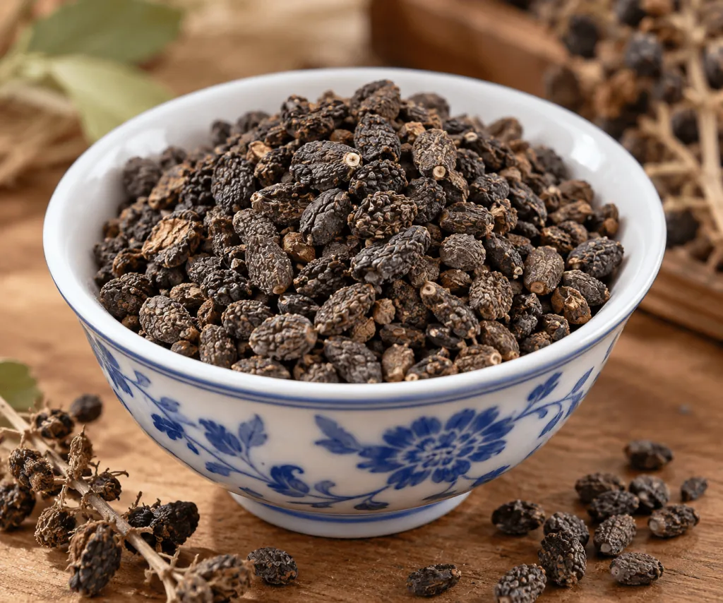 Biji Bu Gu Zhi (Psoralea corylifolia) kering dalam mangkuk porselin